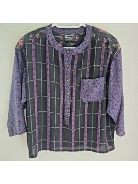 Carole Little Vintage Boho Blouse Women L Rayon Artsy Retro Top 90s